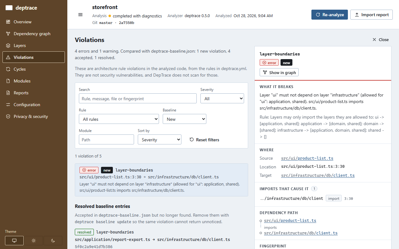 The violations page filtered to the one violation that is new compared with the baseline, with its card showing the rule, the source and target files, the import that causes it and the dependency path.